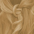 Nahaufnahme von warm blondem Haar mit geflochtener Frisur, Haarstyling, natürliches Blond.