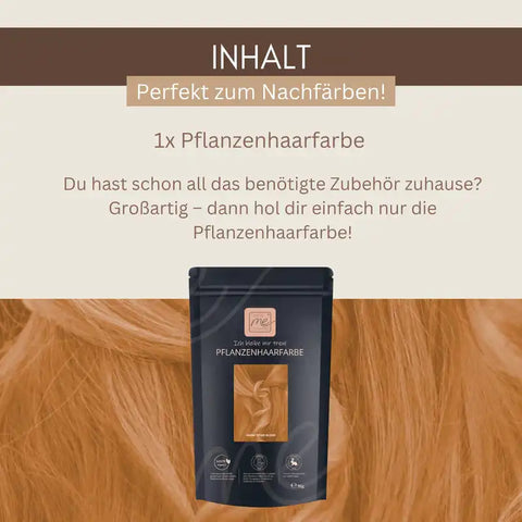 Pflanzenhaarfarbe Packung auf hellbraunem Haar, Text über Inhalt und Nachfärben, vegan