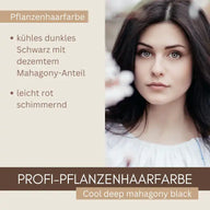 Frau mit kühlem dunkel-schwarzem Haar, Werbung für Profi-Pflanzenhaarfarbe, Mahagoni-Ton