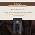 Pflanzenhaarfärbe-Verpackung auf dunkelbraunem Haar, Text: Inhalt perfekt zum Nachfärben