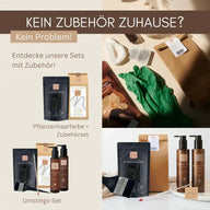 Pflanzenhaarfarbe Set mit Zubehör, Pinsel, grüne Handschuhe, Pflegeprodukte und Verpackung