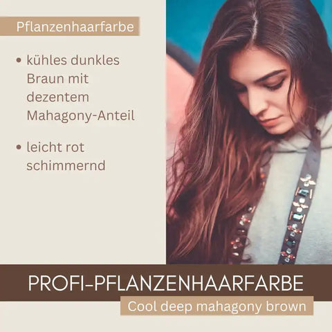 Frau mit langen, dunkelbraunen, mahagonischimmernden Haaren, Text zu Pflanzenhaarfarbe.