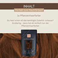 Pflanzenhaarfarbe Packung vor braunem Haar, Produktinformation und Nachfärben Hinweis