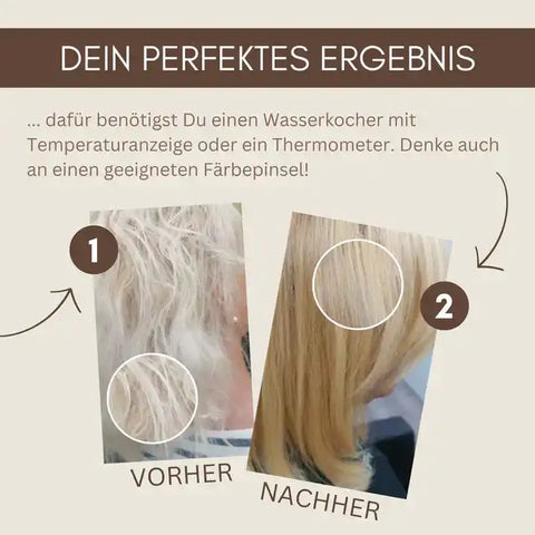 Vorher-nachher Vergleich blondes Haar, Ergebnis Haarfärbung, glattes gepflegtes Haar