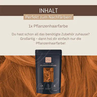 Pflanzenhaarfarbe Verpackung vor rotblondem Haar, Text betont Nachfärben und Inhalt