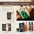 Pflanzenhaarfarbe Set mit Zubehör, Handschuhe, Flaschen und Pinsel auf hellen Hintergrund