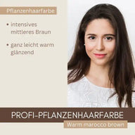 Frau mit glattem, braunem Haar wirbt für Profi-Pflanzenhaarfarbe warm marocco brown