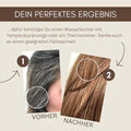 Vorher-Nachher-Bild: graue zu braunen Haaren, Text zu Haarfärben Tipps, Haarfarbe Ergebnis