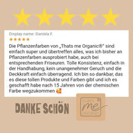Kundenbewertung mit fünf Sternen für Thats me Organic Pflanzenhaarfarbe, Text, Logo und Danke Schön
