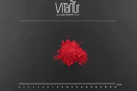Bio Cranberry Pulver von Vitanur, rotes Pulver auf schwarzem Hintergrund mit Maßstab