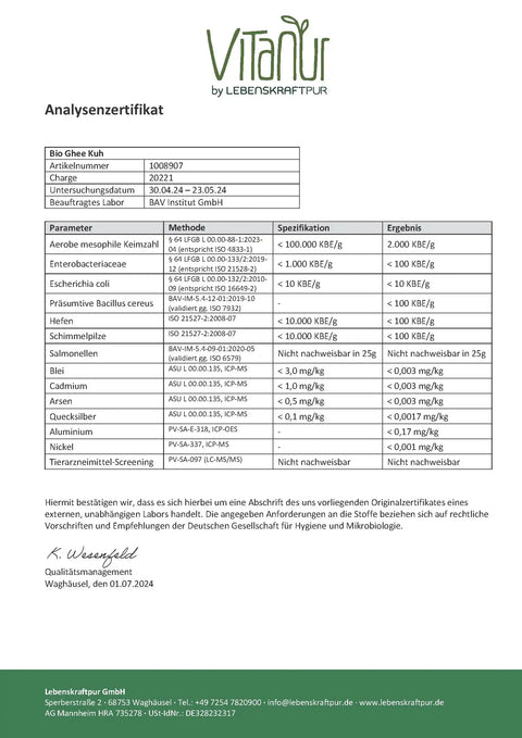 Analysenzertifikat Bio Ghee Kuh Schadstoffanalyse LebensKraftpur, Laborergebnisse Tabelle