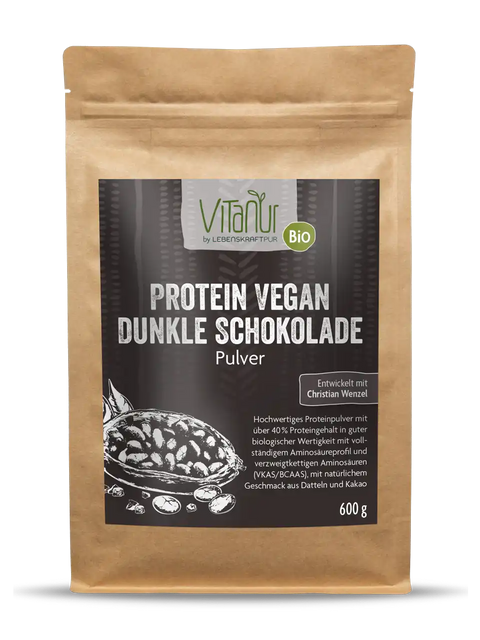 Vitanur Bio Protein Vegan Dunkle Schokolade Pulver 600g, braune Standbeutelverpackung