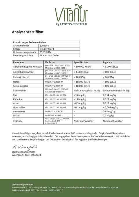 Analysenzertifikat für Vitanur Protein Vegan Erdbeere Pulver mit Laborwerten und Logo