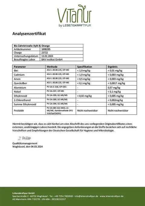 Analysenzertifikat für Bio Zahnkristalle Xylit & Orange von VITANUR, Schadstoffprüfung