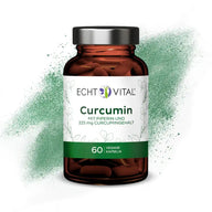 Echt Vital Curcumin Kapseln Dose, braun mit grünem Etikett, 60 vegane Kapseln, auf weißem Hintergrund