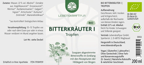 Etikett der LebensKraftPur Bio Bitterkräuter I Tropfen 200ml, Zutatenliste und grüne Pflanzengrafik