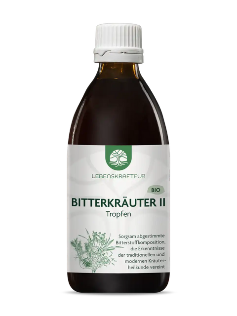 Bio Bitterkräuter II Tropfen 200ml in brauner Sirupflasche, Produktetikett mit Kräutergrafik