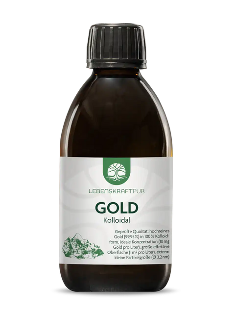 Braune 250ml-Flasche LebensKraftPur Gold kolloidal mit grün-weißen Etikett, Produktfoto