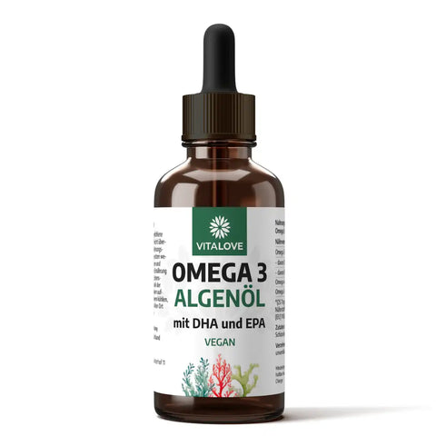 Omega-3 Algenöl Tropfen von VITALOVE in brauner Glasflasche