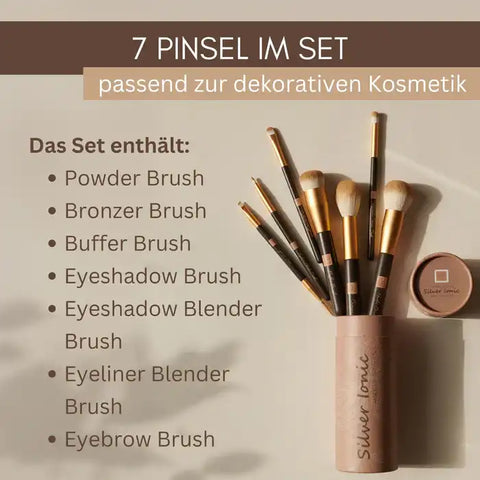 Professional Make-up Brush Set Silver Ionic - 7-Piece, Vegan + Antibacterial for Decorative Cosmetics