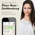 Persönliche Haarfarbberatung mit Frau, Smartphone-Chat und Text zur perfekten Haarfarbe