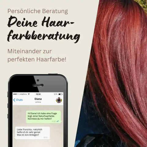Persönliche Haarfarbberatung, Smartphone-Chat und glänzendes rotbraunes Haar