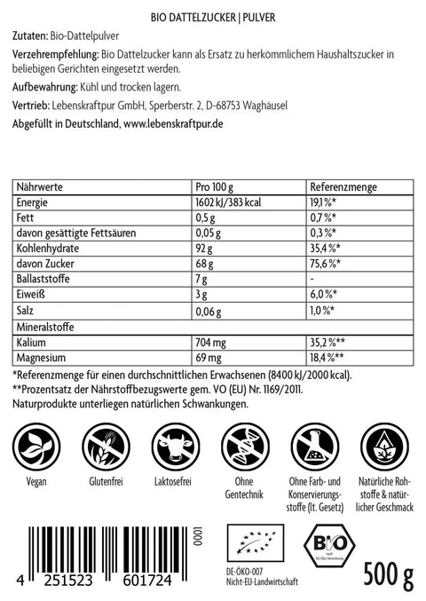 Rückseite einer 500g Bio Dattelzucker Pulver Packung mit Nährwertangaben und Bio-Siegeln.