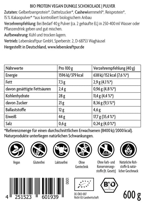 Rückseite Vitanur Bio Protein Vegan Dunkle Schokolade Pulver 600g mit Zutaten und Nährwerten.