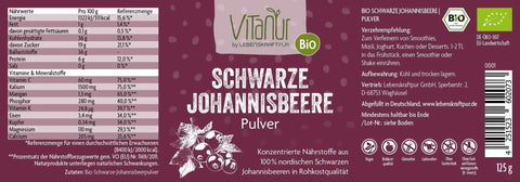 Vitanur Bio Schwarze Johannisbeere Pulver 125g Packung mit Nährwerttabelle, vegan, bio