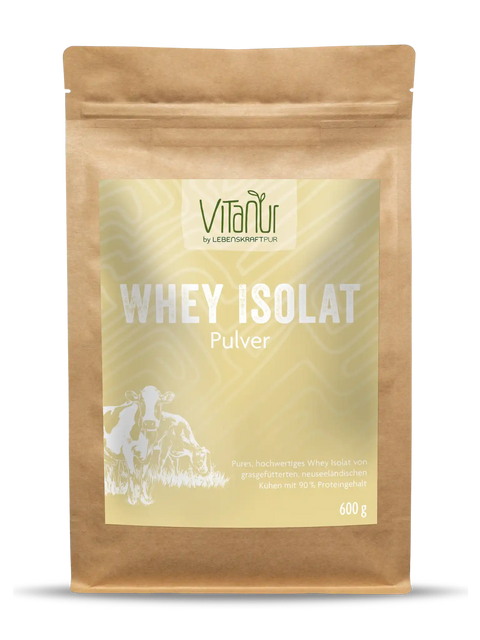 Vitanur Whey Isolat Pulver 600g Beutel, naturbraune Verpackung mit Kuh-Illustration