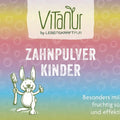 Vitanur Zahnpulver Kinder Verpackung, buntes Design, Hase mit Zahnbürste, 35g, zuckerfrei, vegan