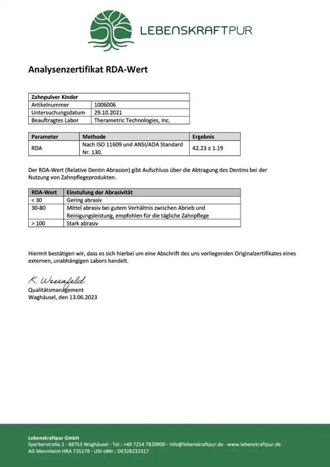 Analysenzertifikat RDA-Wert für Zahnpulver Kinder von Lebenskraftpur, Laborbericht mit Logo