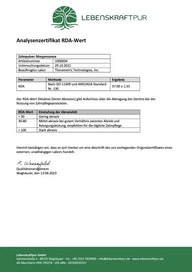 Analysezertifikat RDA-Wert Zahnpulver Morgensonne von Lebenskraftpur, Laborergebnis, Tabelle.