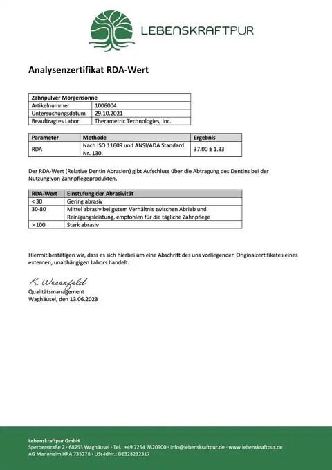 Analysezertifikat RDA-Wert Zahnpulver Morgensonne von Lebenskraftpur, Laborergebnis, Tabelle.