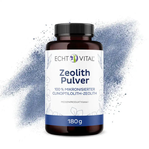 Echt Vital Zeolith Pulver 180g Flasche vor Zeolith-Pulver-Hintergrund, Clinoptilolith-Produkt