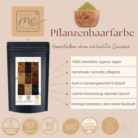 Vegane Pflanzenhaarfarbe, organisch, chemiefrei, cremige Konsistenz, sanft zu Haar und Kopfhaut