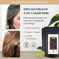 Vorher-nachher Vergleich von grauem zu braunem Haar mit pflanzlicher, veganer Haarfarbe, Produktverpackung rechts.
