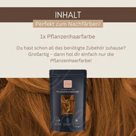 Pflanzenhaarfarbe Packung auf braunem Haar, Text: Inhalt, perfekt zum Nachfärben