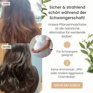 Vorher-Nachher-Bild von Haaren, Text zu pflanzlicher Haarfarbe für Schwangere, grüne Blätter