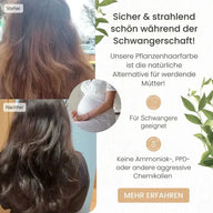 Vorher-Nachher-Vergleich von Haaren nach Anwendung pflanzlicher Haarfarbe für Schwangere, ohne Chemikalien.